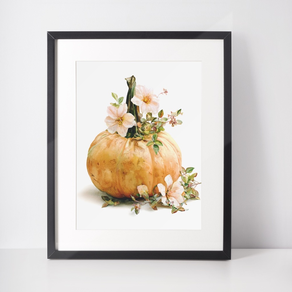 Watercolor Pumpkin with Flowers Wall Art Print Unframed - Cozy Autumn Elegance - Picture 4 of 7